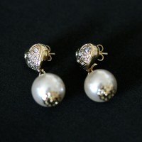Earring Gold Plated Jewelry Semi Secret Heart with Pearl and Rhinestone